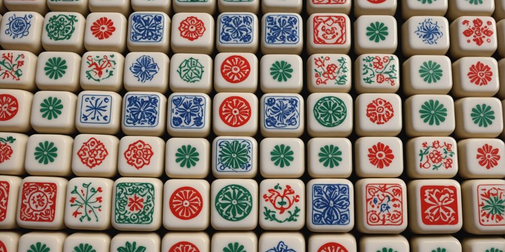 Mahjong tiles with intricate symbols and designs.