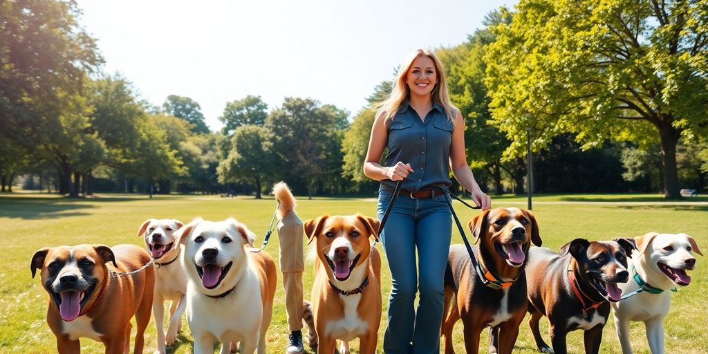 Happy dog walker with multiple dogs.