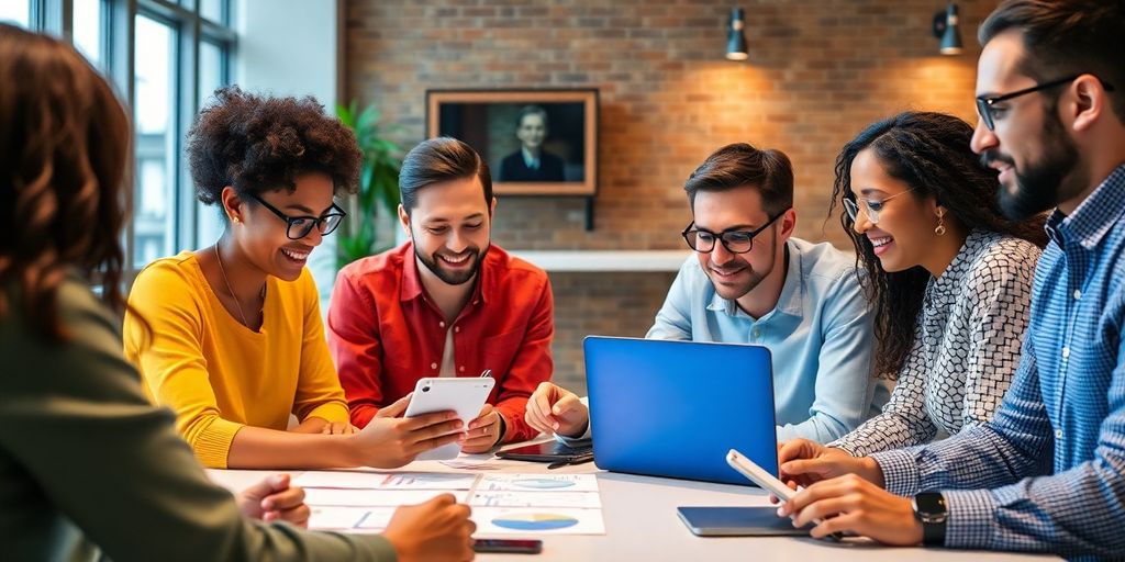 Diverse group brainstorming with technology, highlighting creativity.