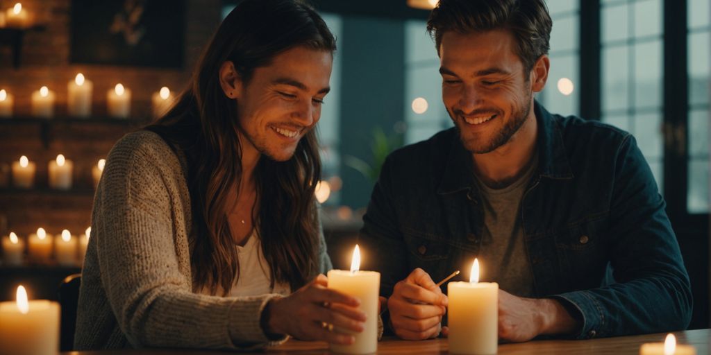 Couple lighting candles, smiling, creating daily ritual together.