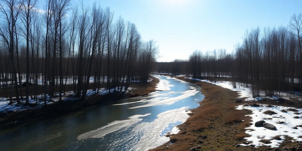 Sunlight on snow, bare trees, river