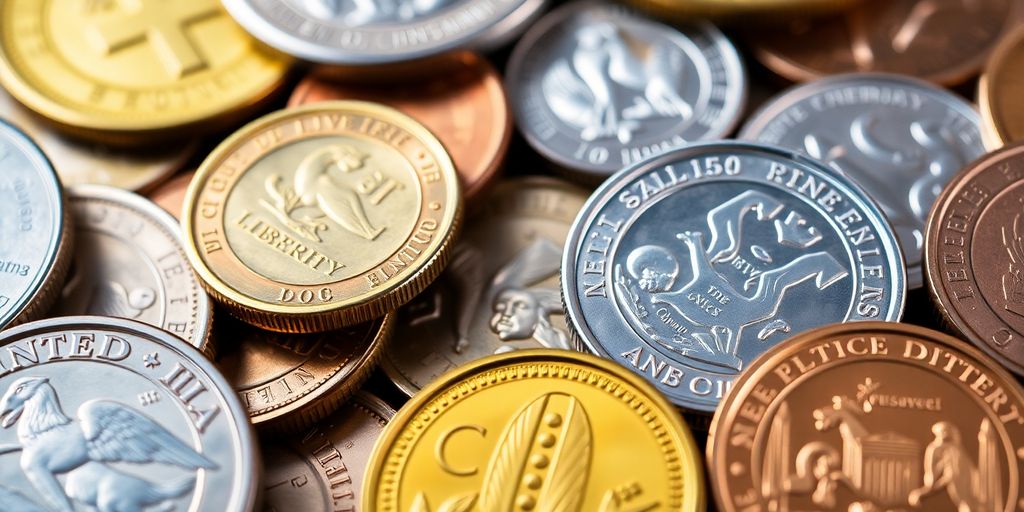 Pièces de monnaie d'investissement et numismatiques en gros plan.