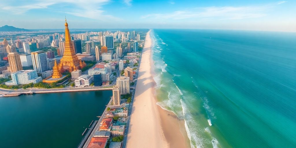 Aerial view of Bangkok and Phuket for real estate comparison.