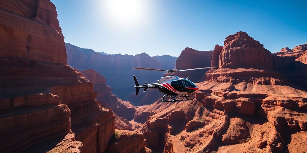A sleek helicopter flying over a red rock Utah canyon.