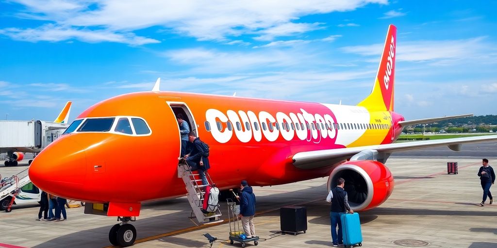 Budget airline airplane at airport with passengers waiting.