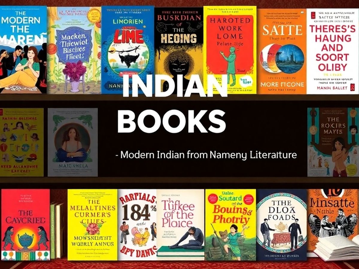 Colorful collage of modern Indian books and authors.