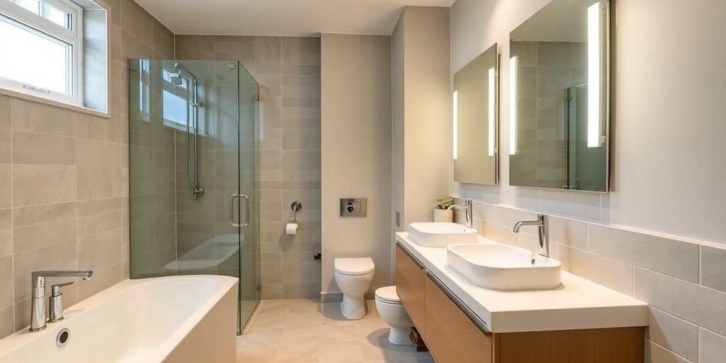 Modern energy-efficient bathroom with stylish fixtures and tiles.