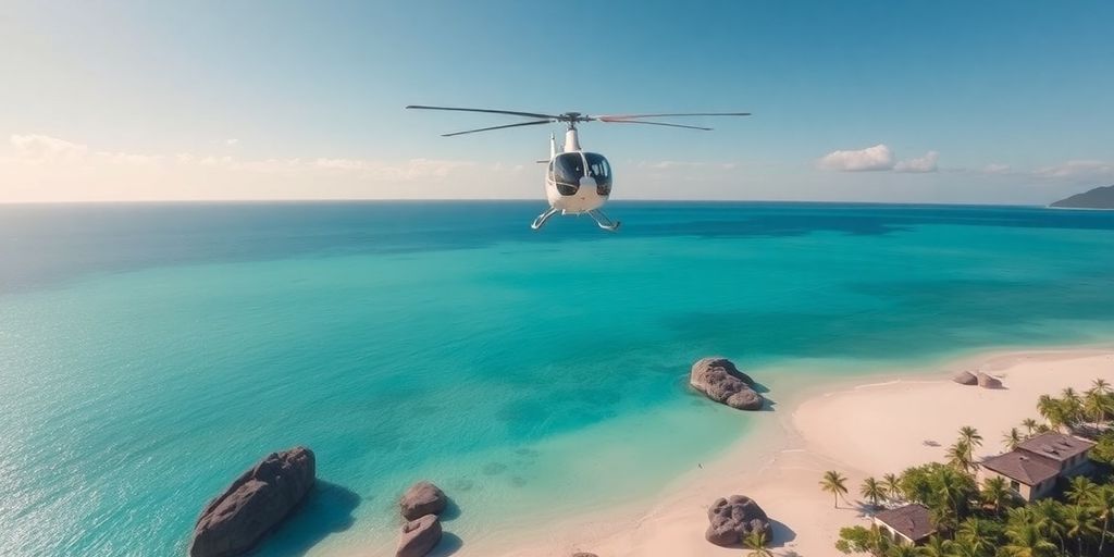 A helicopter flying over a tropical beach on La Digue.