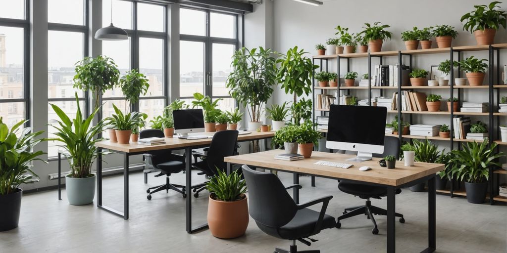 Office with modern furniture and potted plants