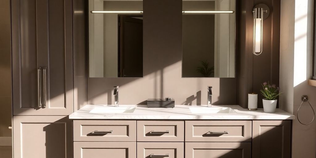 Modern bathroom vanity with stone countertop.