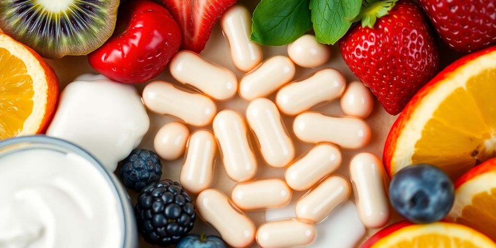 Probiotic capsules with fruits and yogurt on a table.