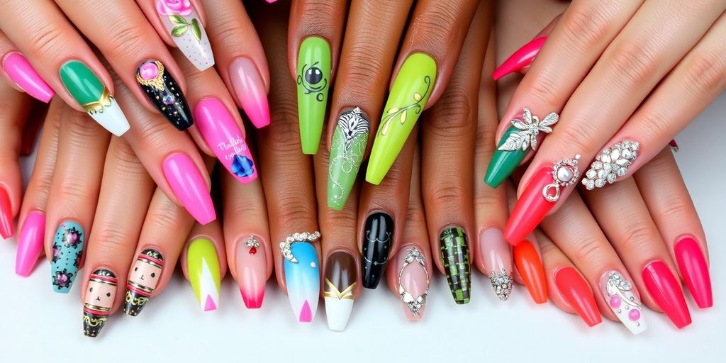 Unhas decoradas coloridas para ocasiões especiais.