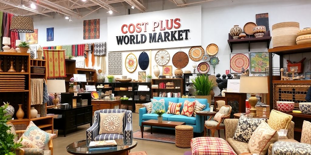 Colorful home decor and furniture inside Cost Plus World Market.