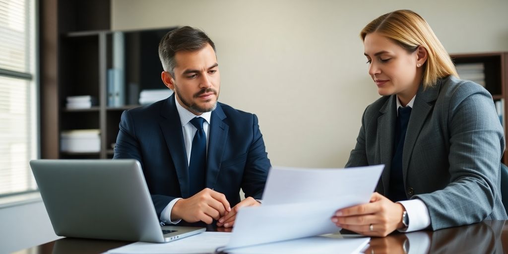 Lawyer and client discussing legal strategies in office.
