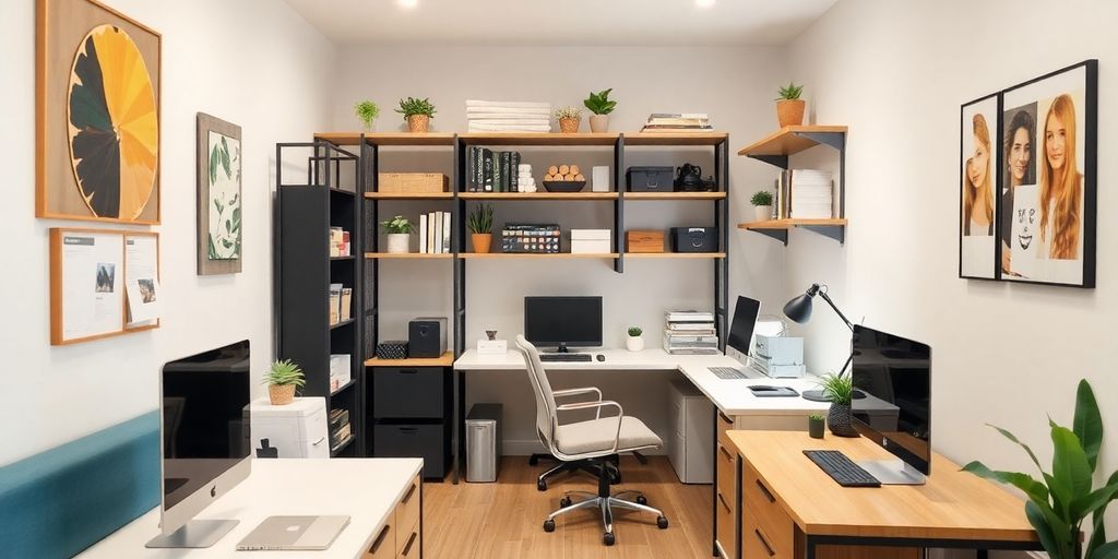 Stylish small office with innovative storage and furniture solutions.