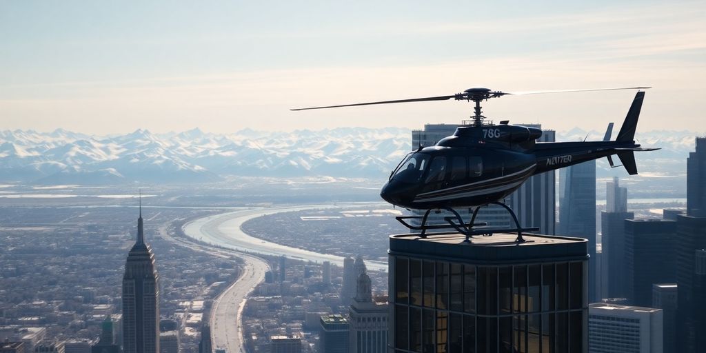 A helicopter flies from a New York skyscraper helipad.