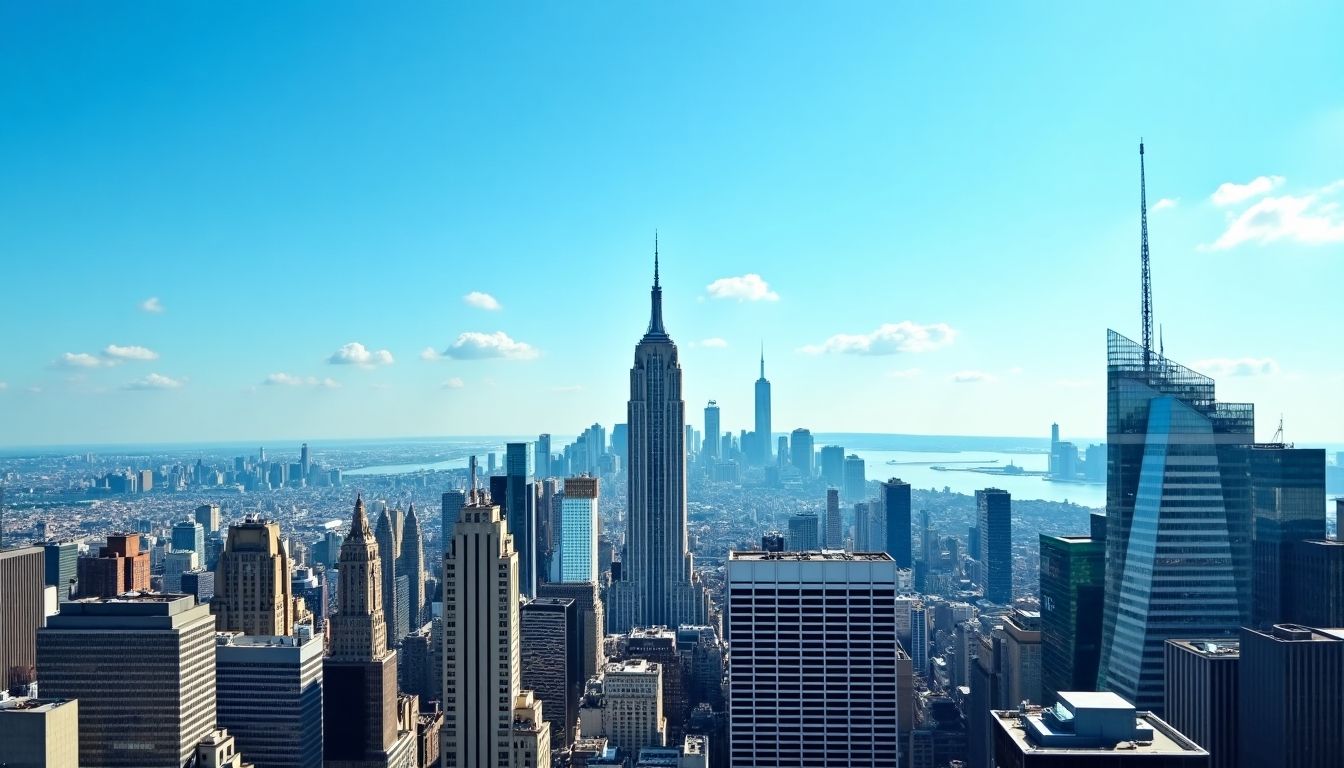 Manhattan skyline with modern skyscrapers and clear sky.