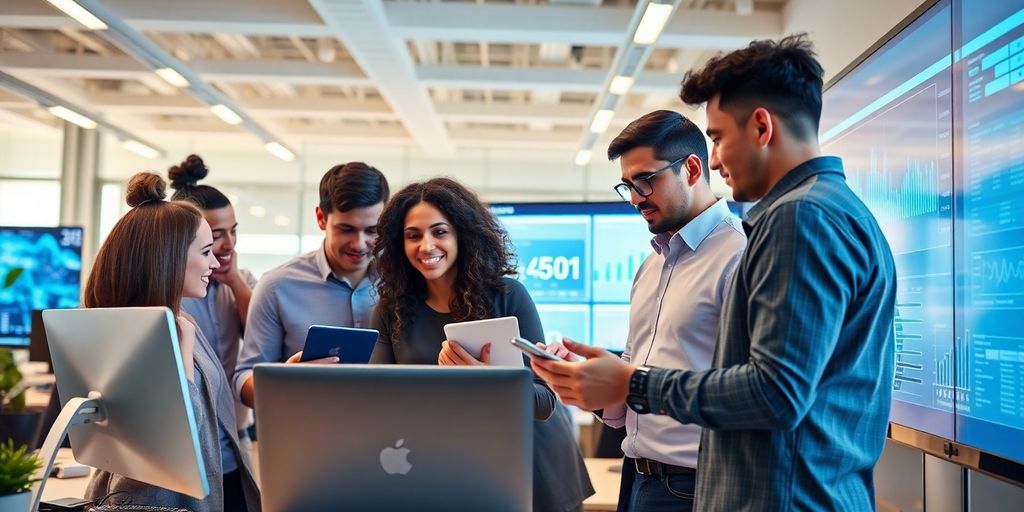 Diverse team collaborating in a modern office space.