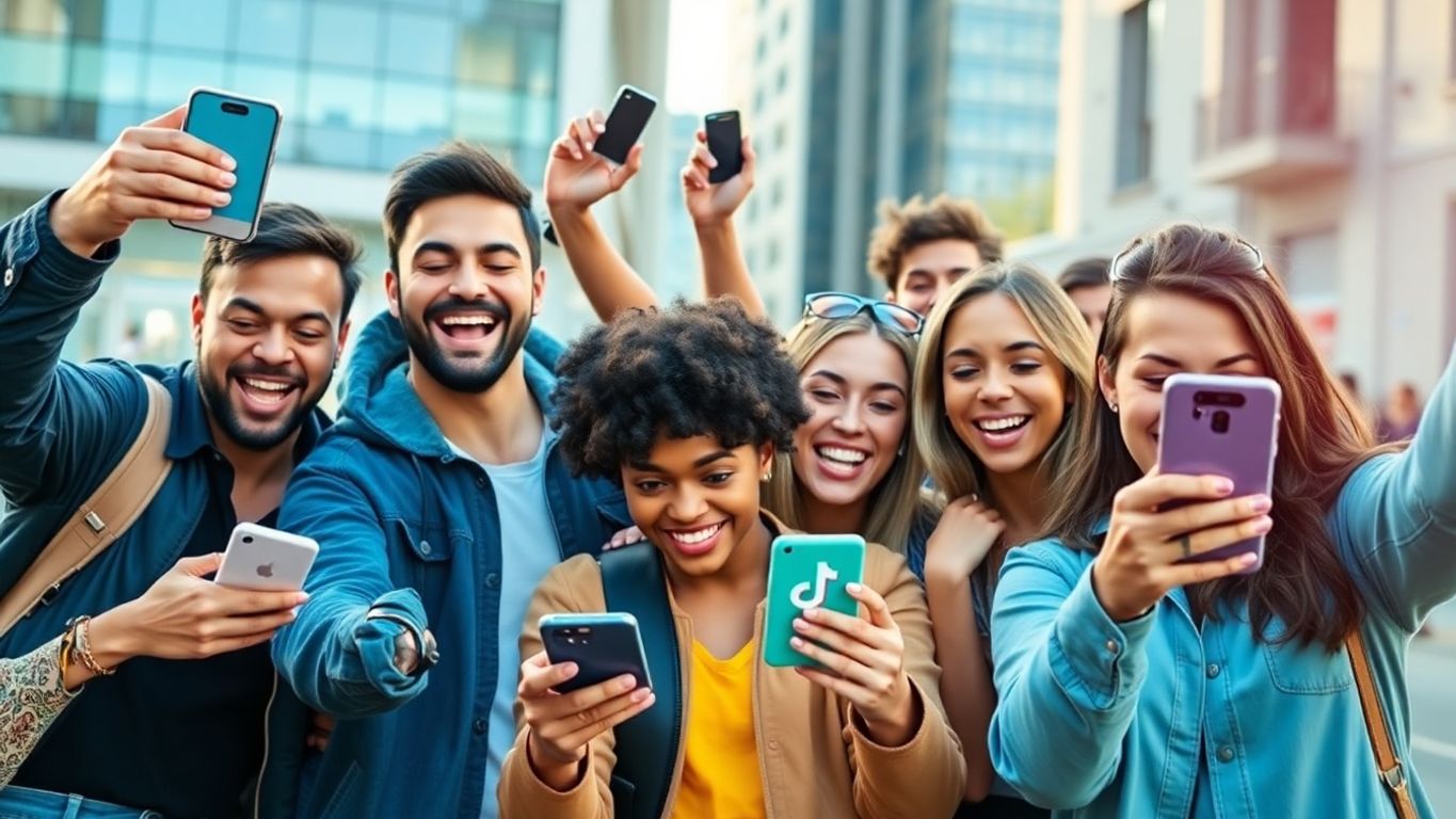 People engaging with smartphones in a lively urban setting.