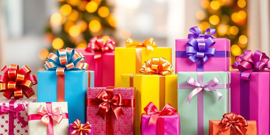 Colorful wrapped gifts, ribbons, joyful celebration.