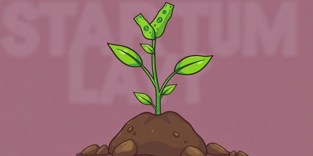 Cartoon graphic of a growing plant with dollar bills.