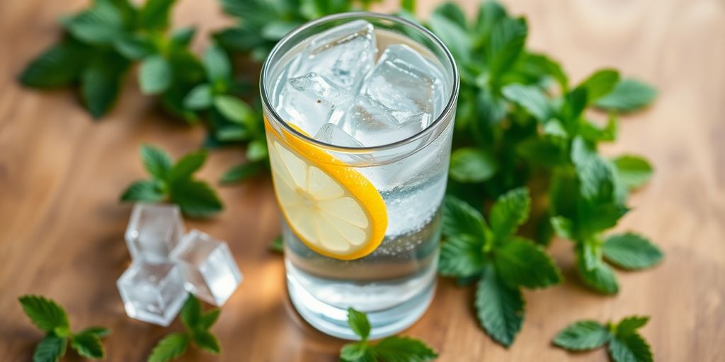 A glass of water with ice and lemon slice.