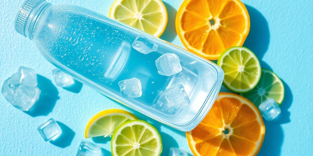 Refreshing water bottle, ice cubes, sliced fruit