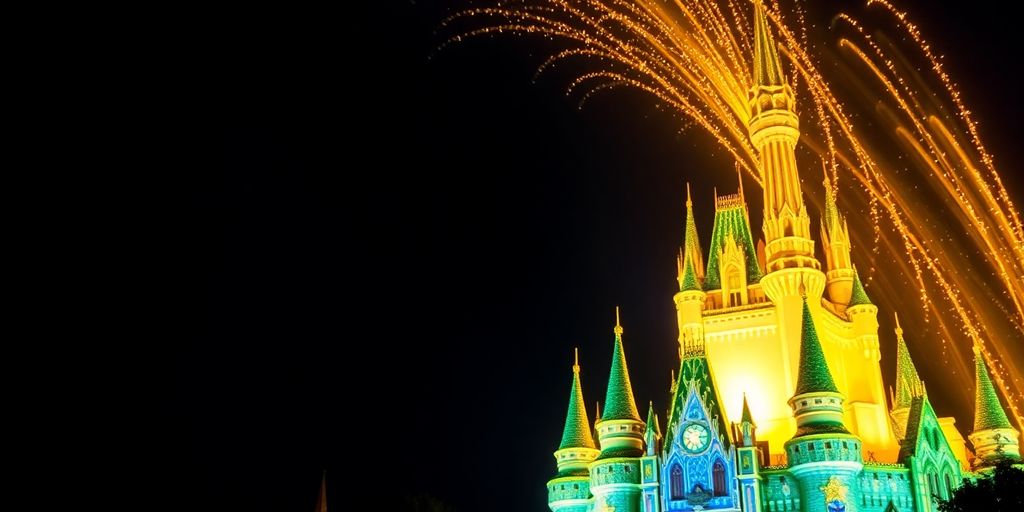 Disney castle with magical sparkles and a spotlight.