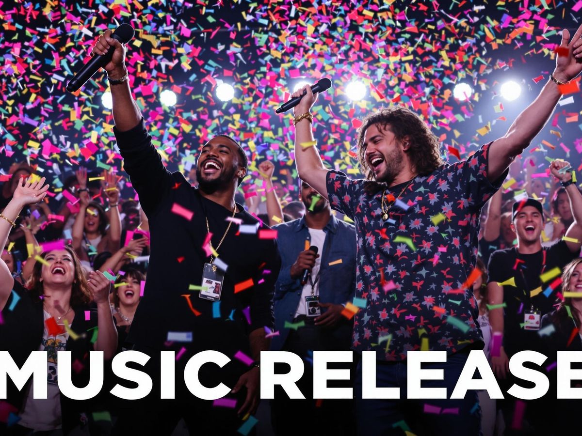 Artists celebrating a successful music release with confetti.