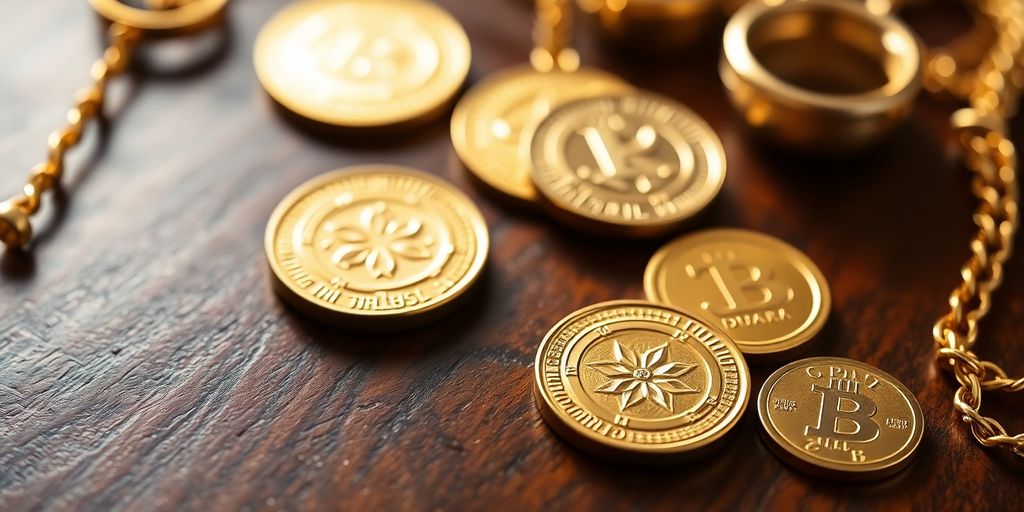 Pièces et bijoux en or sur une surface en bois.