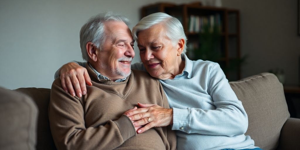 Couple embracing intimately in a bedroom.