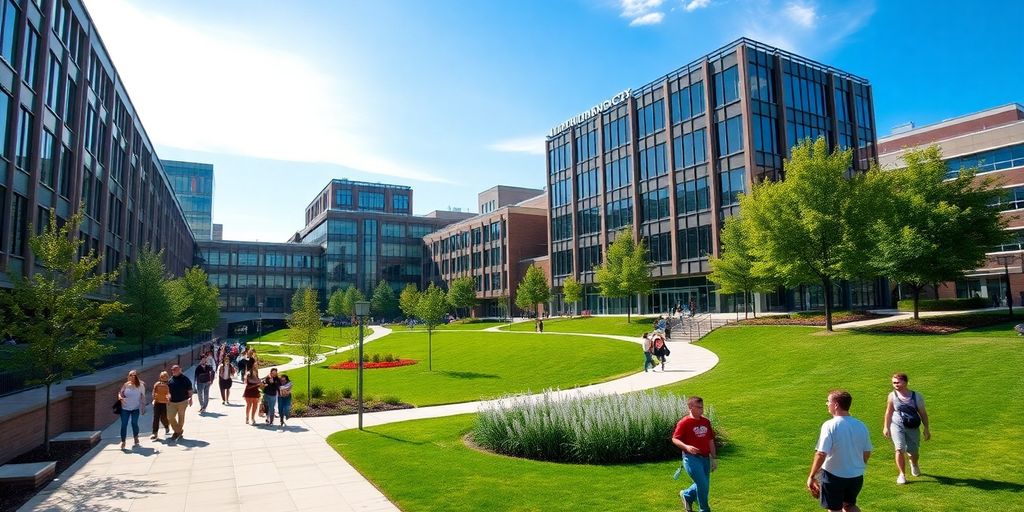 Illinois Institute of Technology campus with students and greenery.
