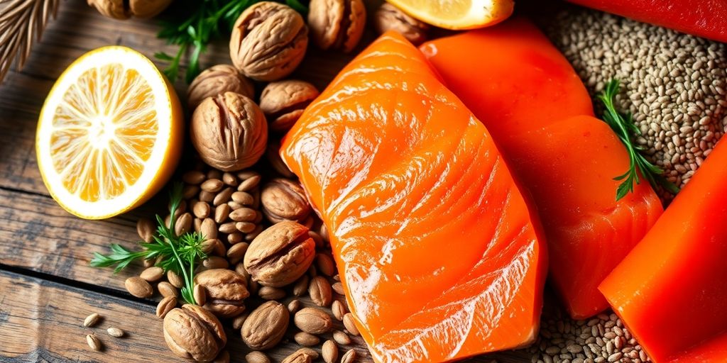 Photograph of salmon, walnuts, chia seeds, and flaxseeds.