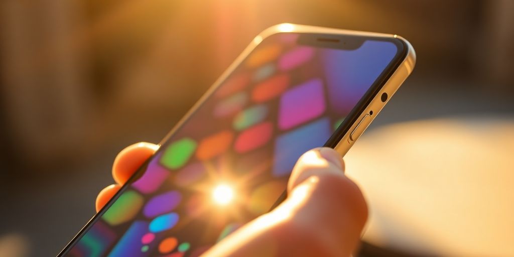 Smartphone screen glowing with colorful abstract patterns.