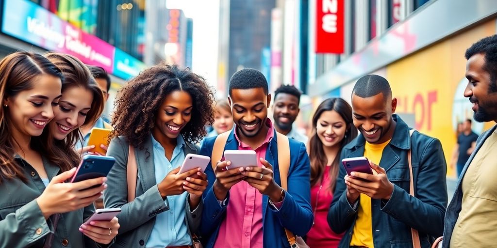 Group of people using smartphones in a lively city.