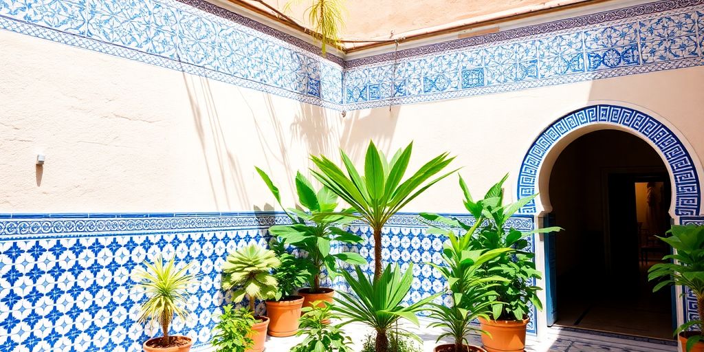 Vibrant Moroccan courtyard with colorful tiles and plants.