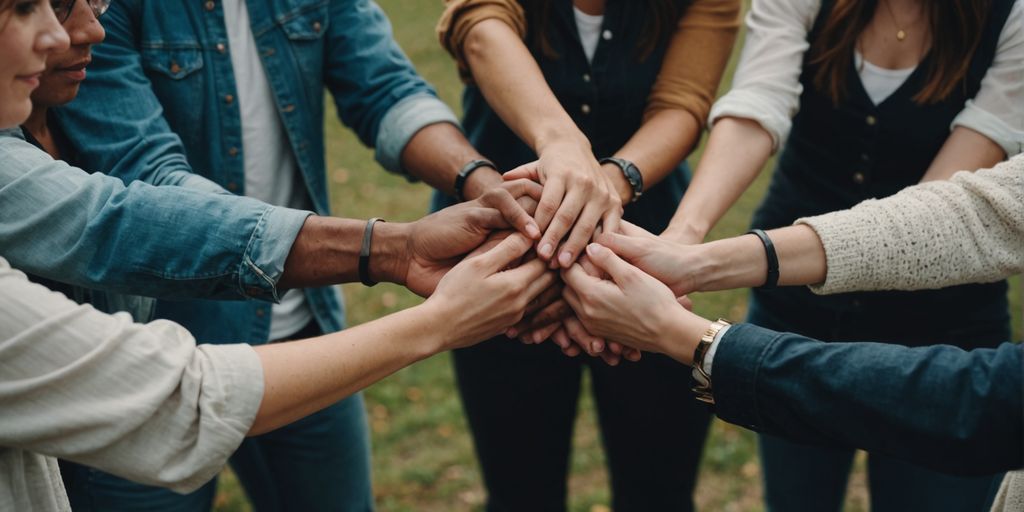 Diverse group of people holding hands in a circle.