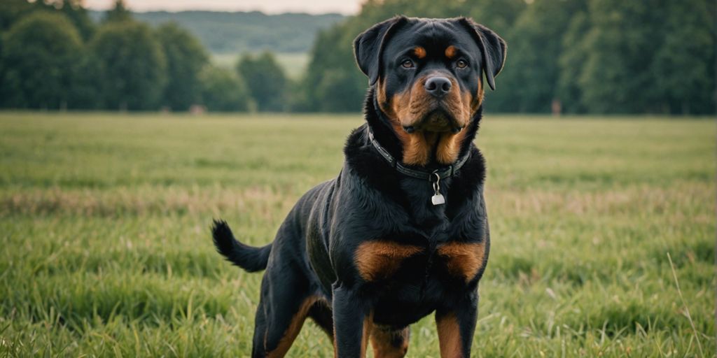 Rottweiler standing alert in a grassy field.