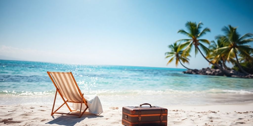 Family relaxing on a beach with luggage.