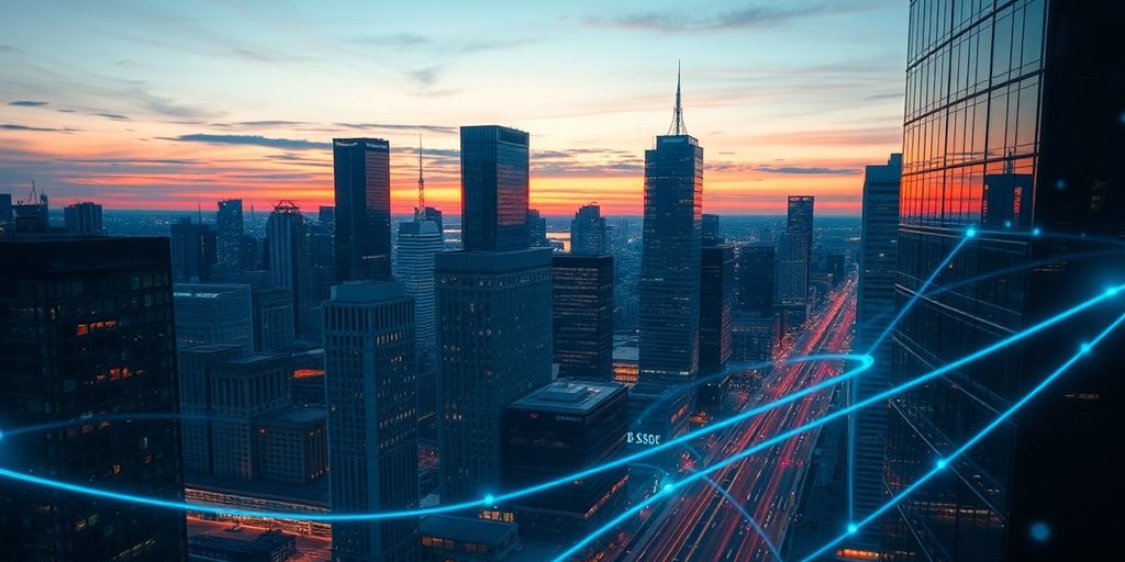 Futuristic cityscape with glowing digital connections.