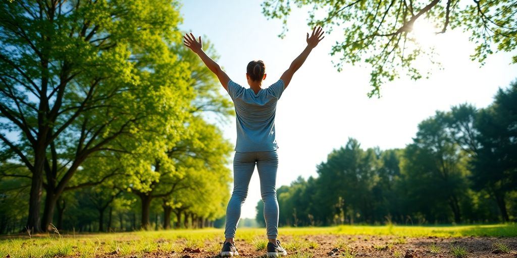 Person stretching in a peaceful, sunlit nature scene.