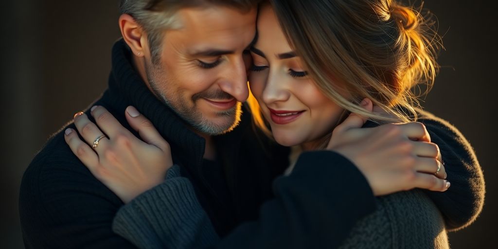Couple embracing serenely.
