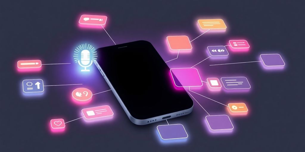 iPhone outline with flowchart UI nodes and pulsing microphone icon