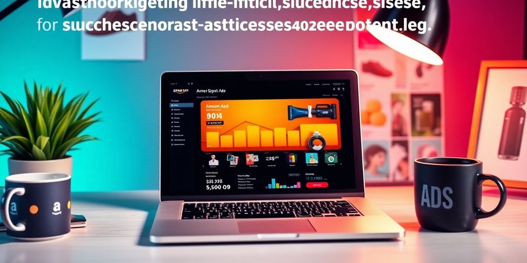 Laptop on desk with Amazon Ads interface and products.