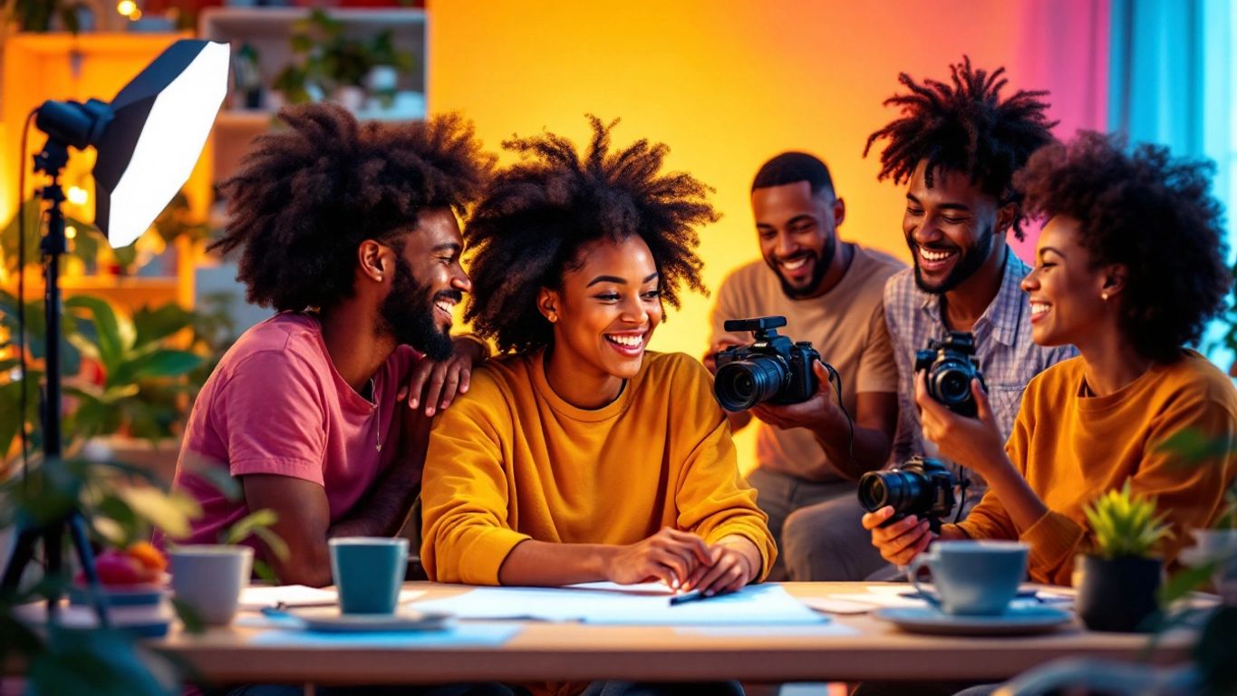 Group of creators working on video production equipment.