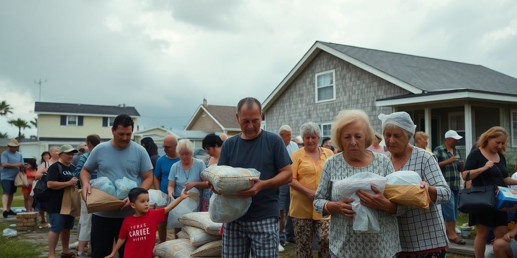 People preparing for a hurricane in a community setting.