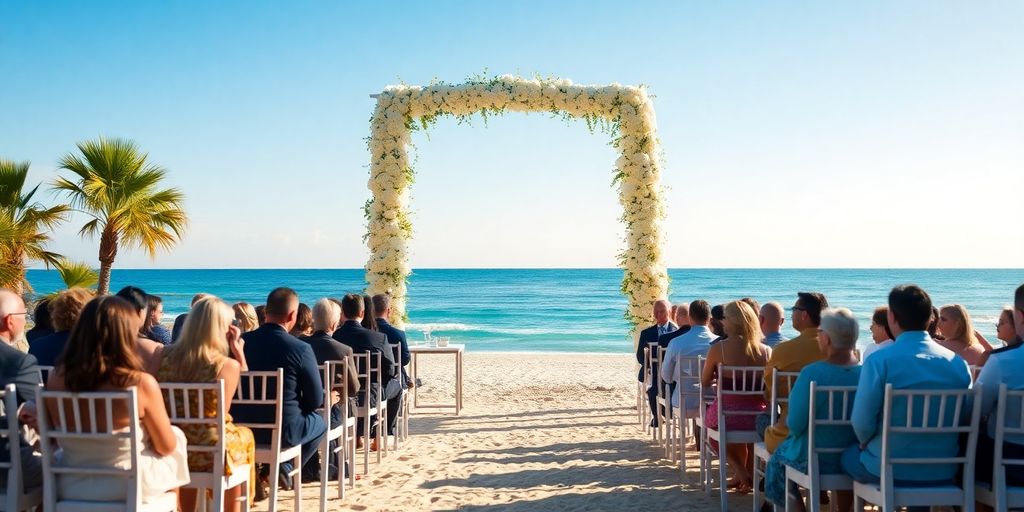 Beach wedding ceremony with floral arch and ocean backdrop.