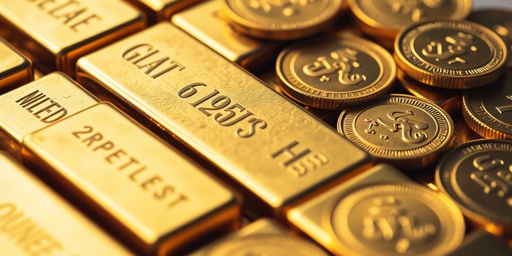 Barettes et pièces d'or brillantes sur fond neutre.