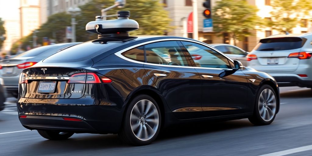 Tesla car navigating a city street.