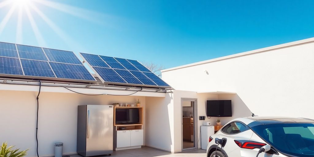 Panneaux solaires alimentant maison et appareils.